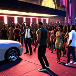 **Image:** A bustling Los Santos nightclub scene. Crowds of diverse characters dancing, flashing lights, expensive cars parked outside. Focus on the vibe of wealth and success. **Keywords:** Nightclub, Los Santos, GTA5, party, luxury cars, wealth, nightlife.